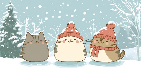 Winter Scene with Three Anthropomorphic Cats in Snow Setting