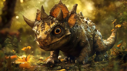 Baby triceratops explores glowing forest meadow scene.