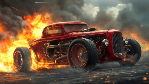 Blazing red hot rod roaring through smoke and fire.