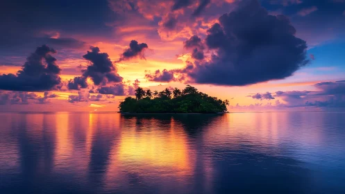 Serene Tropical Island Bathed in Golden Sunset Glow