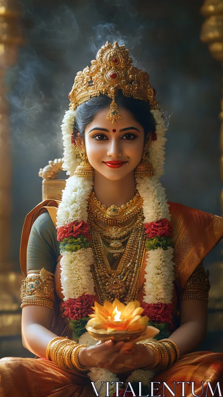 Regal Indian bride holds glowing diya in temple setting.