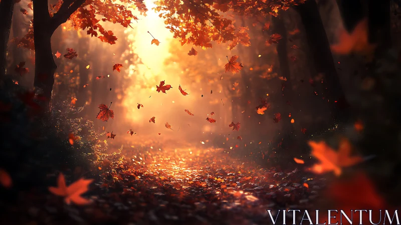 Emberleaf path glows beneath a storm of falling autumn light.