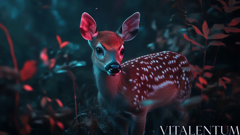 Young spotted deer in stylized blue and red forest light.