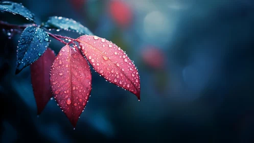 Macro study of red dew covered leaves in shallow depth of field