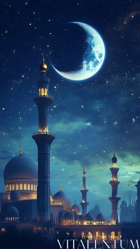 Crescent moon illuminates domed mosque skyline with luminous minarets