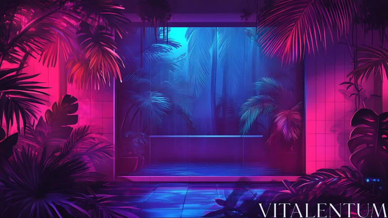 Neon lit tropical indoor garden with glass window view.