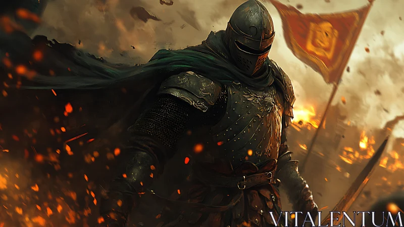 Armored knight advances through burning battlefield at dusk.