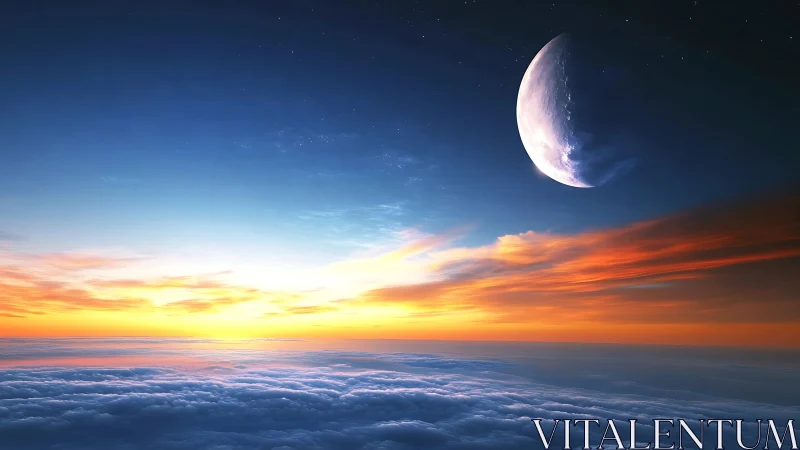 Crescent moon above stratified clouds at bright sunrise.