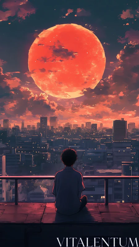 Solitary figure on rooftop observing large red moon.