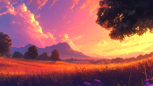 Sunset-drenched meadow hums beneath glowing lavender skies