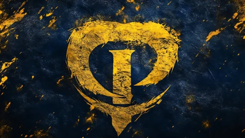 Golden grunge emblem forms bold heart-shaped insignia.