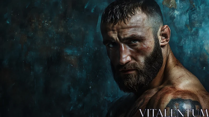 Battle-worn fighter portrait with bruised skin and stare.