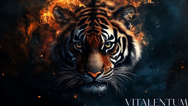 Fiery tiger portrait with embers in dramatic digital chiaroscuro.