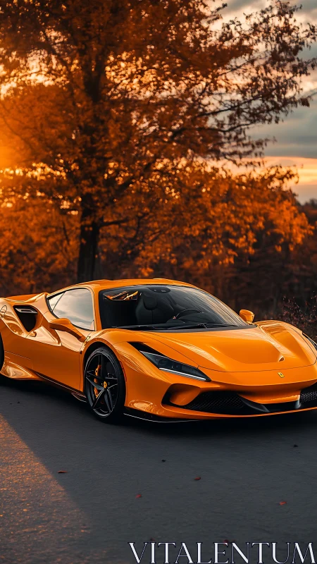 Orange sports coupe is parked on asphalt near autumn trees