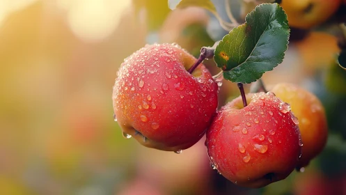 Morning dew sparkles gently on ripe red apples on the tree
