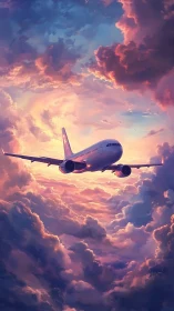 Jet airliner cruising through illuminated cumulonimbus sunset