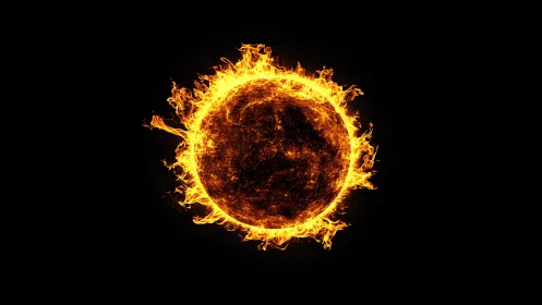 Fiery Sun Illustration with Luminous Flames on Black Background.