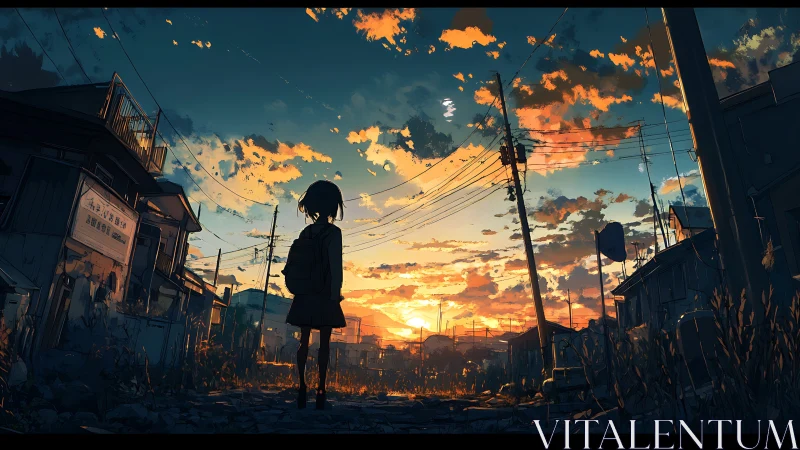 Schoolgirl silhouette faces blazing urban sunset sky.