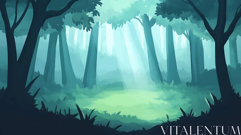 Forest Interior with Tall Trees and Atmospheric Light Rays