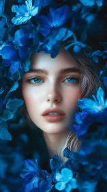 Blue-eyed woman framed by vivid azure blossoms gazes forward