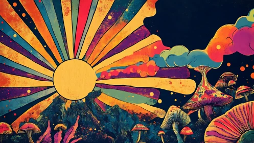Radiating sun disk with stylized mushrooms and color bands.