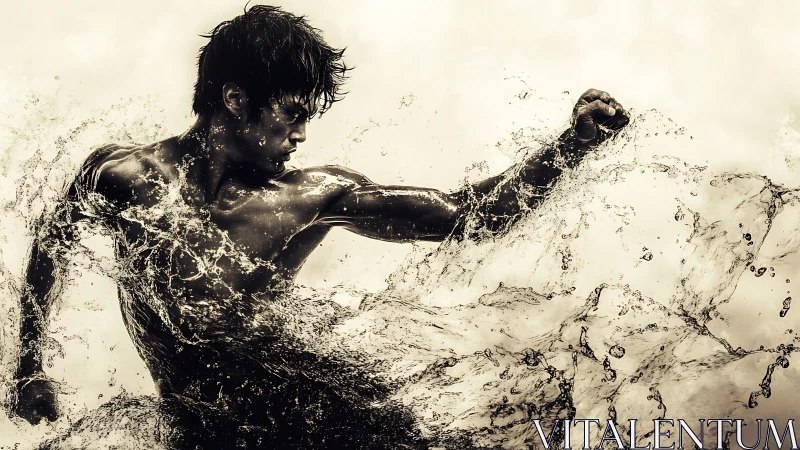 Powerful water-sculpted fighter in a moment of fierce focus.