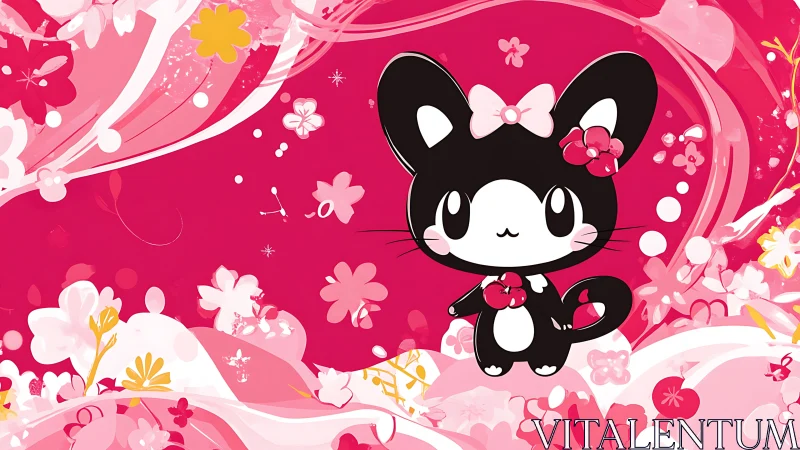 Playful black kitten smiles in a pink floral wonderland