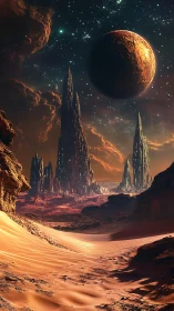 Digital painting of alien desert spires under eclipsing planet.