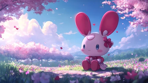 Pastel bunny mascot resting under luminous cherry blossoms.