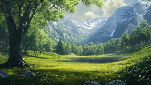 Sunlit mountain meadow embraces tranquil reflective lake.