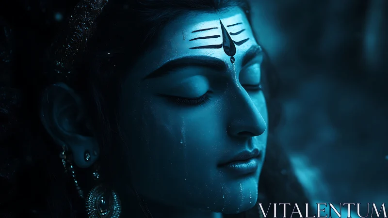 Serene blue-faced figure in deep peaceful meditation.