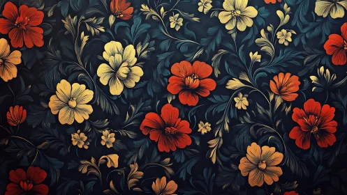 Floral pattern with red and gold blossoms on dark background.