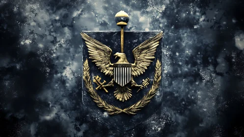 Golden eagle crest dominates dark marbled shield surface