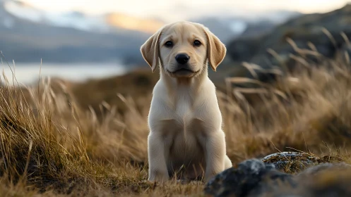 Golden labrador puppy sits in soft mountain grass at dusk