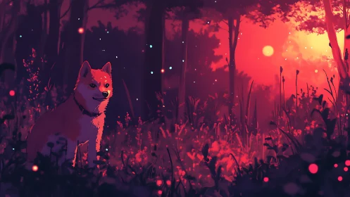 Gentle foxlike pup glows softly in a dreamy sunset forest.
