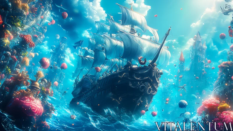 Fantastical galleon sailing through luminous coral towers.