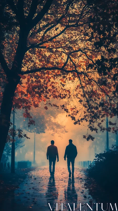 Silhouetted friends crossing a misty autumn alleyway at dusk.