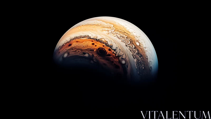 Swirling gas giant glows against deep cosmic darkness