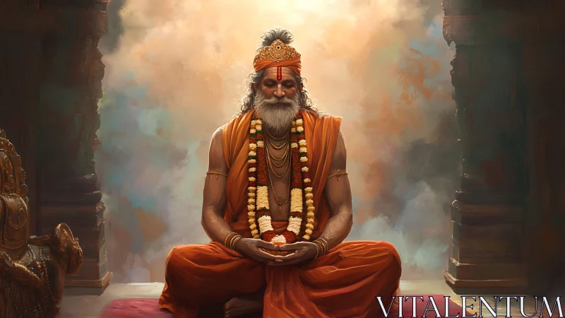 Meditating sage in orange robes under diffused temple backlight