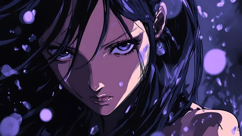 High-contrast anime portrait in violet atmospheric lighting.