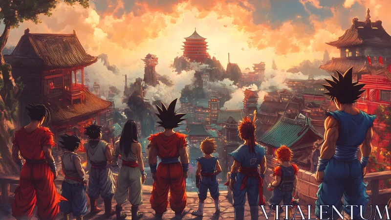 Anime warriors overlooking sunlit neo-traditional cityscape.