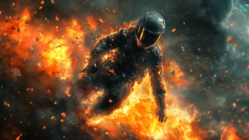 Armored Figure Engulfed in Pyrotechnic Combustion and Particle Dispersion.