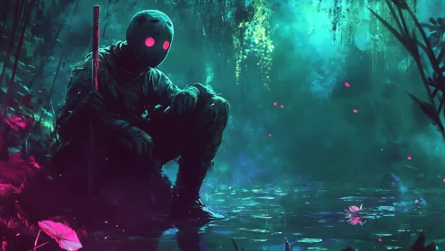 Masked sentinel crouches by neon-lit pond in bioluminescent swamp