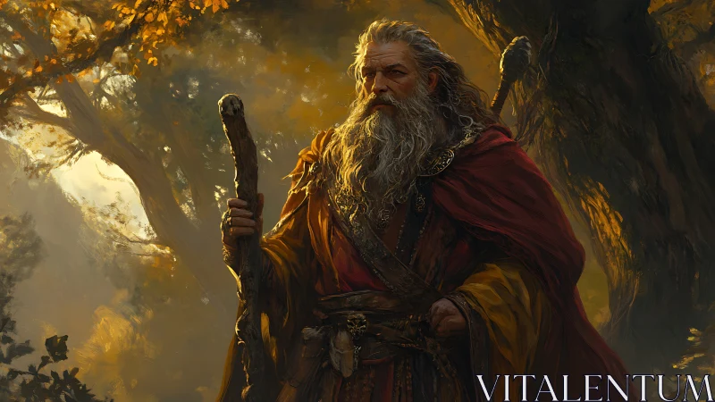 Forest sage strides through molten-gold autumn light.