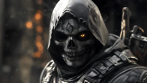 Hooded skeletal warrior rendered in moody cinematic 3D detail.