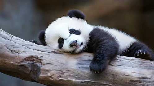 Sleepy baby panda stretched on a log in tranquil repose.