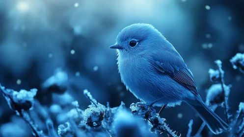 Blue Songbird Perched on Frosty Branch in Dreamy Winter Light.