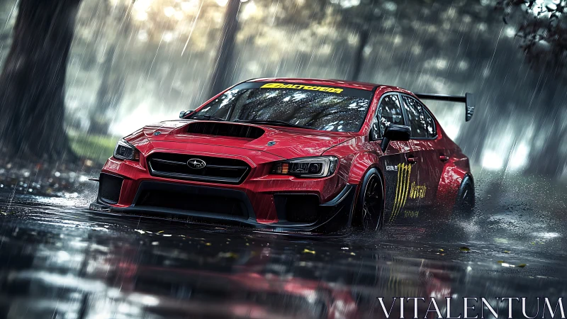 Red rally car slicing through rain on reflective street.