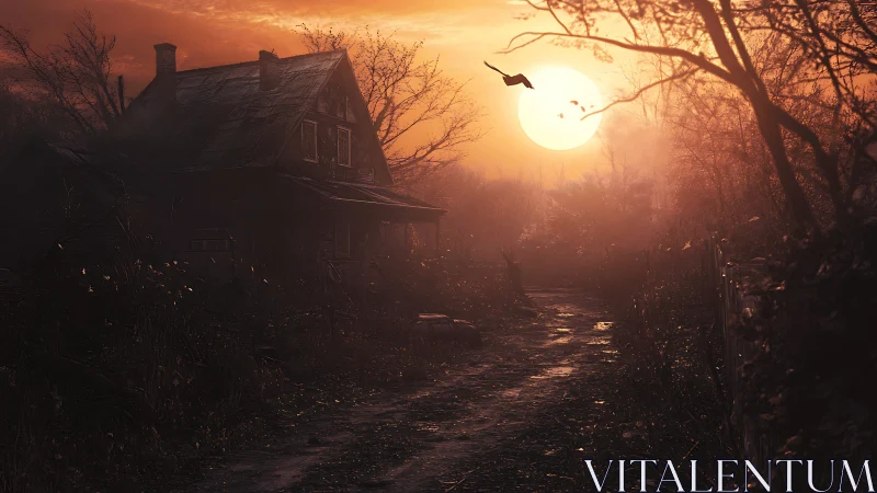 Isolated house at dusk with overgrown path and low sun.