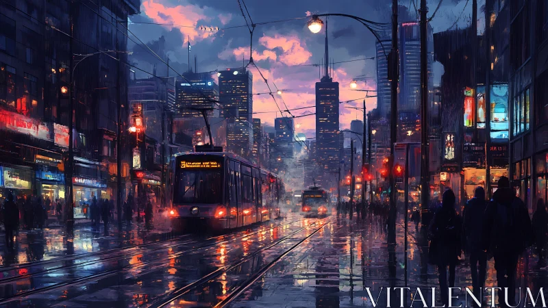 Rain-soaked city tramway glows under a neon dusk sky